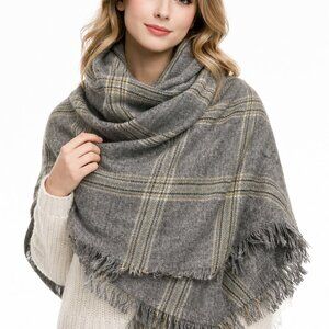 Cozy Gray Plaid Blanket Scarf Yellow Stripe Fringe Wrap Shawl
